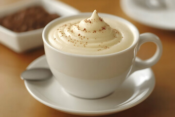 Creamy coffee drink with cocoa powder topping, served in a white cup and saucer on a wooden table.  Enjoy a delicious and warming beverage.