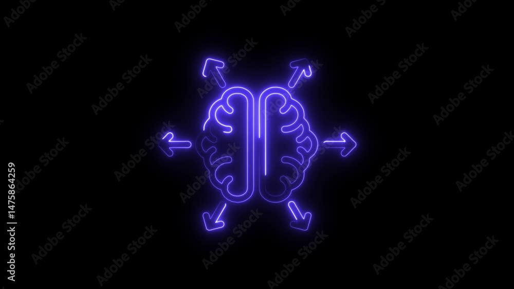Poster neon brain with arrows projecting thoughts and ideas in multiple directions on black background