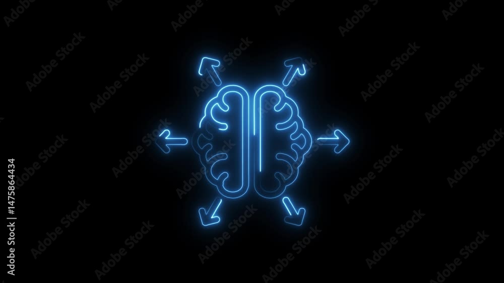 Poster neon brain expanding thinking with arrows on dark background generative ideas for business and techn