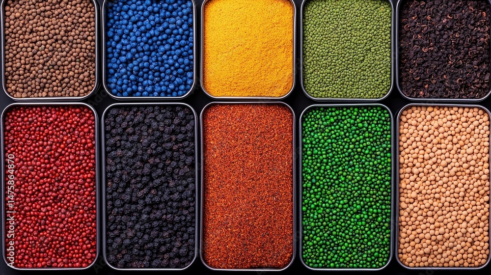 Poster a variety of colorful spices and seeds neatly arranged in rectangular containers, showcasing a vibra