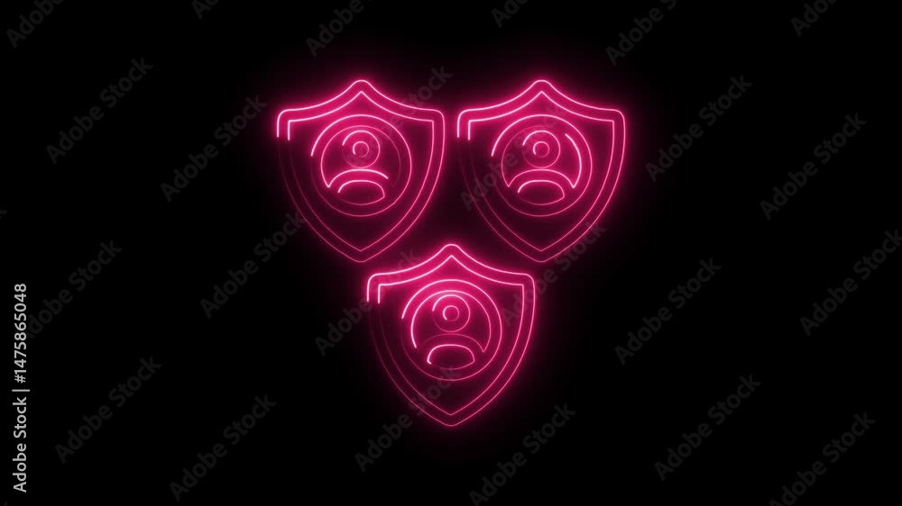 Poster neon security shields with user icons rotating on black background representing digital privacy and 