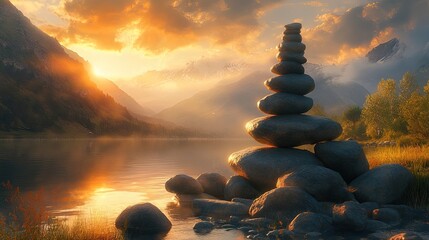 Sunrise over a serene lake, with balanced rocks.