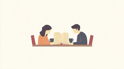 Fototapeta premium A minimalist illustration depicting two people reading a book while enjoying coffee at a table
