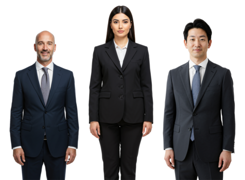 Three diverse business professionals, two men and one woman, wearing formal suits and ties, standing against a transparent background, representing corporate attire and teamwork. - Powered by Adobe