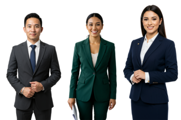 Three diverse professional business people, including an Asian man and two women, standing and smiling in suits against a transparent background.