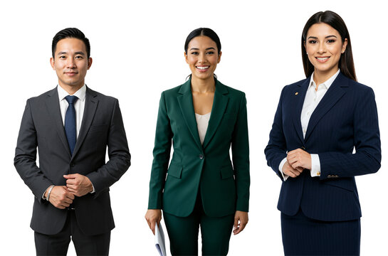 Three diverse professional business people, including an Asian man and two women, standing and smiling in suits against a transparent background.