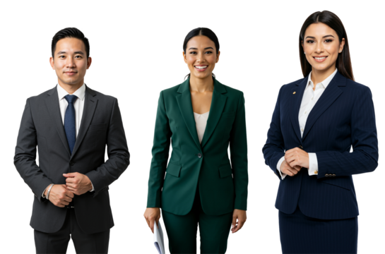 Three diverse professional business people, including an Asian man and two women, standing and smiling in suits against a transparent background.
