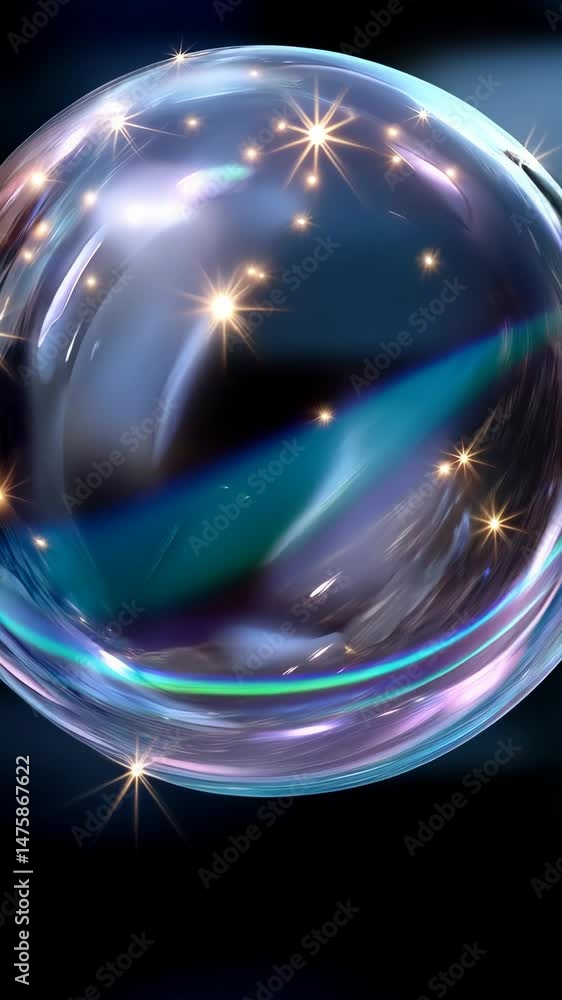 Poster transparent sphere with shimmering, luminous stars against dark background showcases an orb-like abs