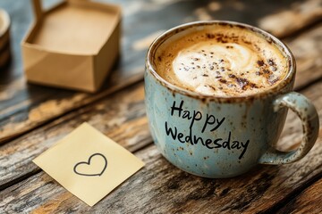 Morning coffee with a heart on rustic wood