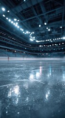 Fototapeta premium Empty ice rink with a smooth surface, viewed from the stands, under soft lighting. A serene and minimalist sports moment.