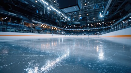 Empty ice rink with a smooth surface, viewed from the stands, under soft lighting. A serene and minimalist sports moment.