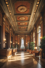 Fototapeta premium classic hotel lobby with marble pillars ornate ceiling royal design chandelier lighting professional receptionist gold accents luxury interior welcoming charm interior design photo