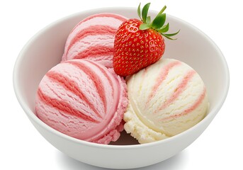 Strawberry ice cream scoops in a white ceramic bowl