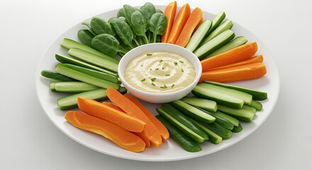 Vegetable Platter with Dip Fresh Carrots Cucumbers Spinach