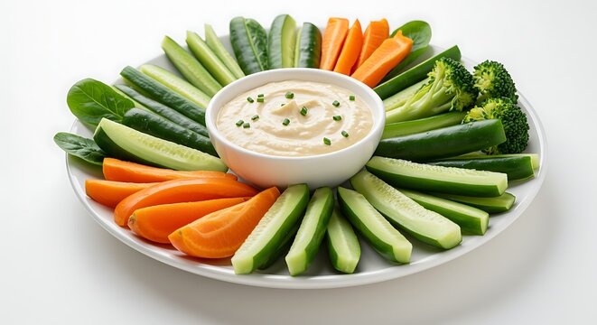 Vegetable Sticks with Dip on Plate for Healthy Snacking