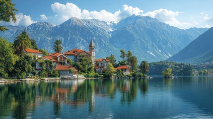 Naklejka premium Scenic view of a town by a lake, with mountains in the background, under a sunny sky