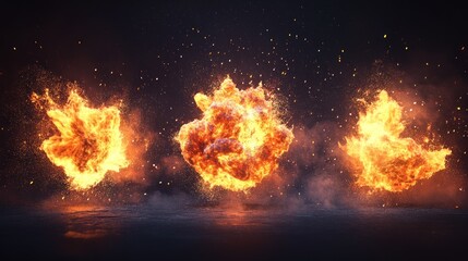 Fiery Explosions: A Dramatic Composition of Three Blazing Fireballs