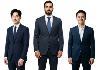 Three diverse adult men, including East Asian, Middle Eastern, and Southeast Asian individuals, standing and smiling in dark business suits against a black studio background.