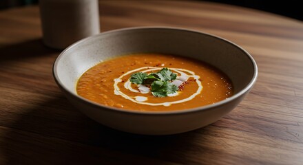 Serving of Orange Soup with Garnish on Wooden Table