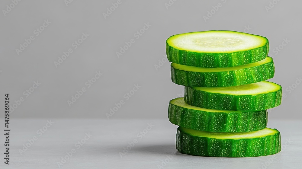 Poster a stack of fresh cucumber slices on a light gray background.
