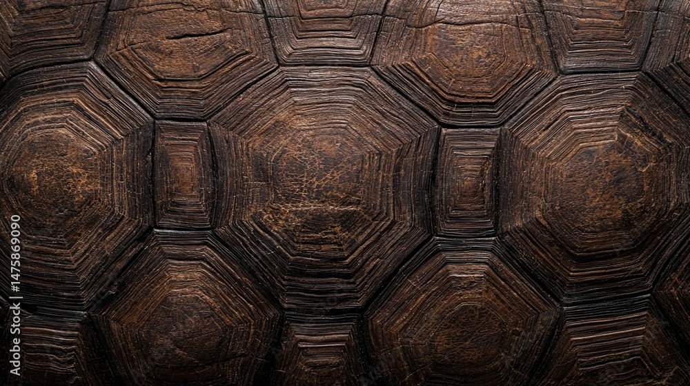 Poster close-up view of a tortoise shell showing detailed, textured, brown hexagonal patterns.