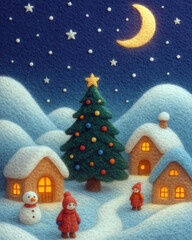 Fototapeta premium Christmas Night in a Snowy Village card with felt texture