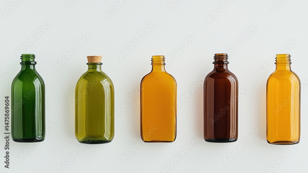 Poster five colored glass bottles, each with a unique shade and style, are arranged in a row against a ligh