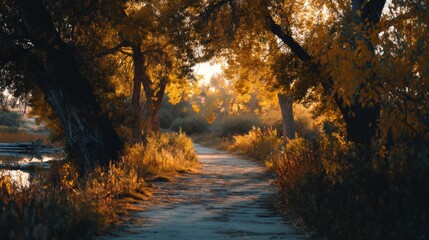 Autumn Pathway Through Golden Trees in Serene Natural Setting