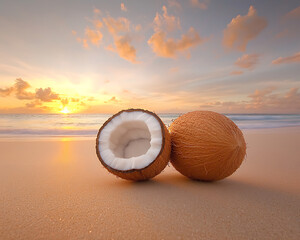 Tropical beach sunrise coconuts.