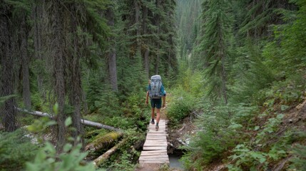 Fototapeta premium Hiker Crossing Wooden Bridge in Lush Green Forest Landscape