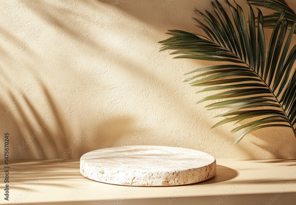 Poster sunlit minimalist display with round stone platform and palm leaf