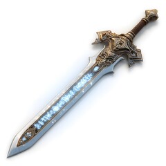 Ornate sword with glowing runes, intricately designed hilt, fantasy weapon, silver blade, and brown handle.