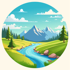 Vibrant summer nature scene with a green meadow leading to mountains, a serene lake, and a flowing river under a blue sky with clouds, depicted in a vector illustration
