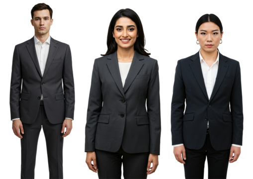 Three diverse young adult business professionals, one male and two females, standing in formal suits against a black studio background, posing for a corporate portrait.