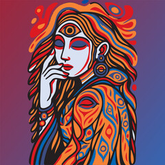 Psychedelic woman with third eye posing with hand near face