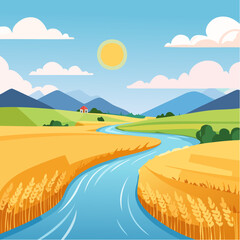 Obraz premium Golden Fields and Azure Riverscape: A scenic illustration of a sunny landscape unfolds, where a sinuous river meanders through sun-kissed fields and verdant hills.
