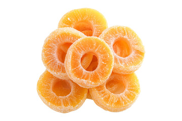 Freeze dried peach ring candies isolated on transparent background

