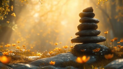 Obraz premium Serene stone cairn amidst a sunlit forest glade.