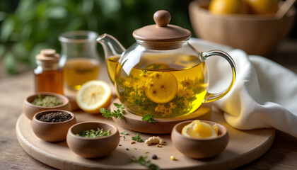 A wellness tea setup with herbal infusion, honey, and herbs on a wooden surface.