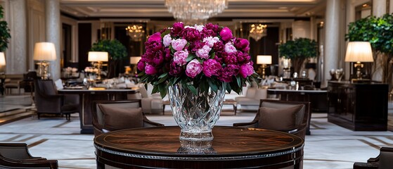 Luxurious hotel lobby, vibrant floral centerpiece