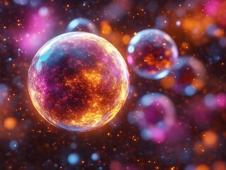 Glowing spherical orbs of intense light with a background of particles