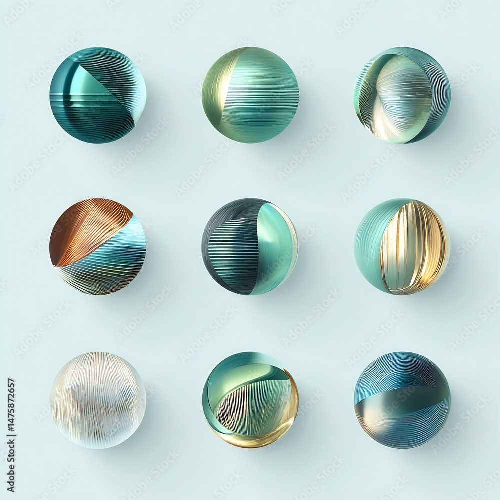 Poster arrangement of glossy iridescent spheres creating optical art on gradient backdrop