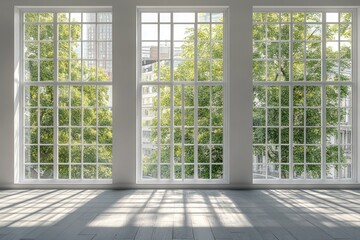 Fototapeta premium Interior with Large Windows Framing City Trees and Urban Buildings Daylight Shines