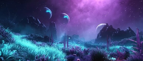 Fototapeta premium Alien planet landscape with glowing bioluminescent plants under a surreal sky with three bright moons overhead, surreal sci-fi environment in vibrant purple and teal tones.
