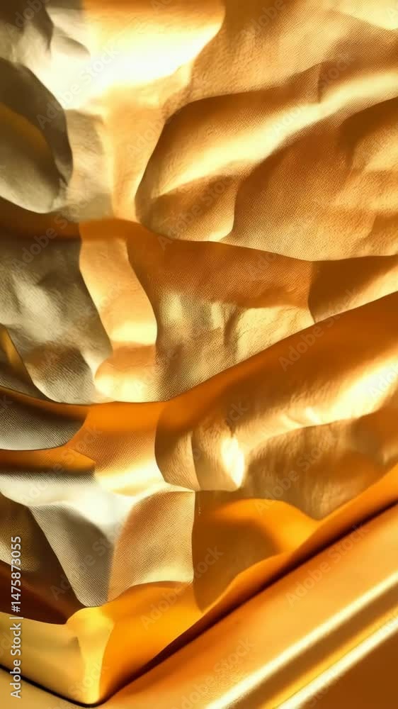 Poster golden fabric shimmering in textured folds, luxurious metallic cloth creating abstract patterns and 