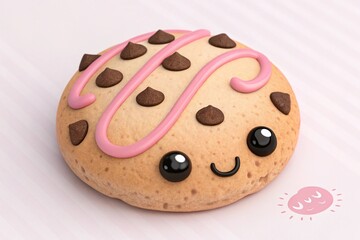 Fototapeta premium Cute Kawaii Chocolate Chip Cookie With Pink Icing - generated by ai