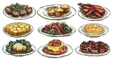 A collection of diverse food illustrations on plates.