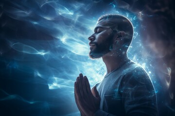 Man in Prayer Absorbing Inner Cosmic Light Energy