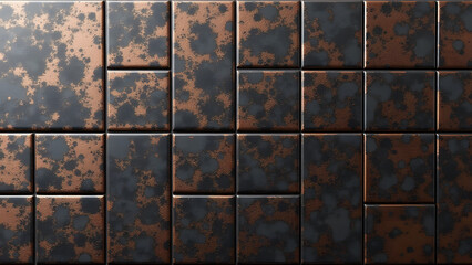 Square metal mosaic tiles with gray base and copper/black veins. Marbled metal look, compact format, seamless, high-resolution.