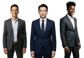 Three diverse adult businessmen in professional suits smiling and standing against a transparent background, representing corporate success and teamwork.
